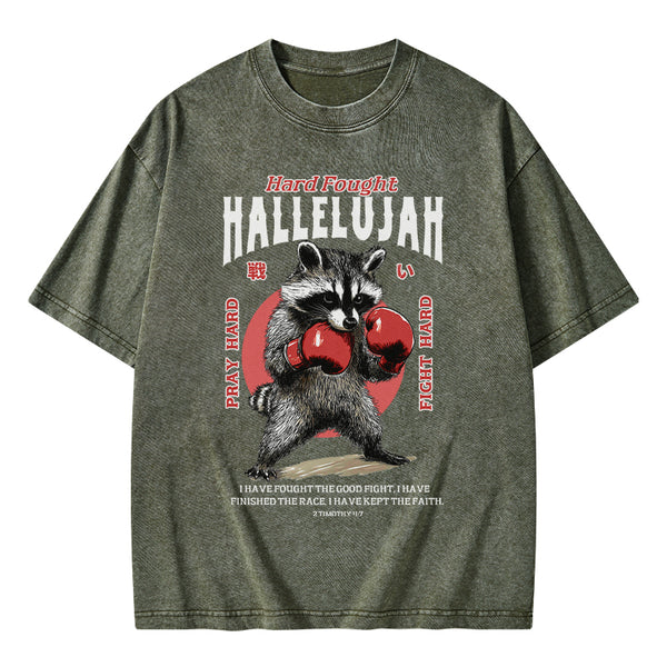 Hard Fought Hallelujah Raccoon Christian Washed T-Shirt
