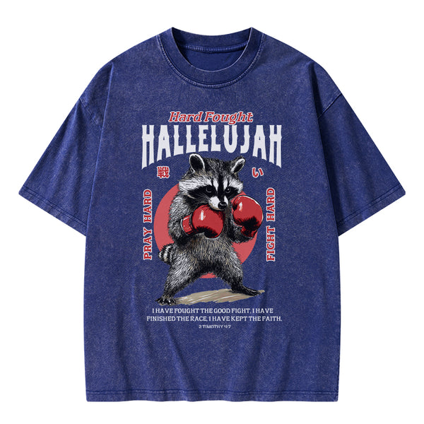 Hard Fought Hallelujah Raccoon Christian Washed T-Shirt