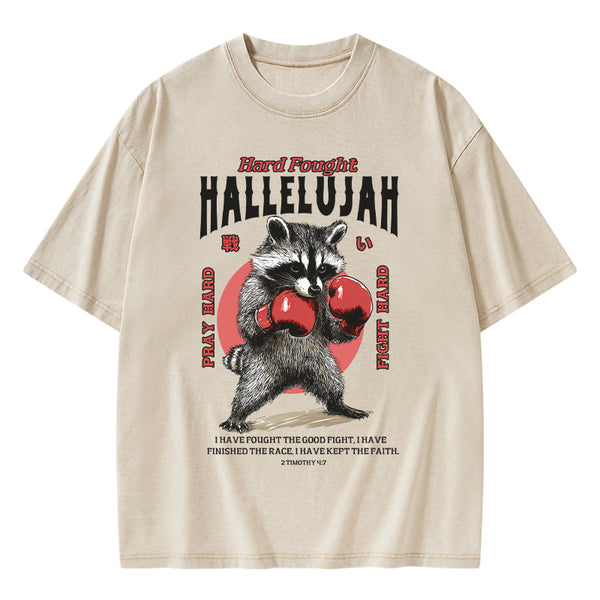 Hard Fought Hallelujah Raccoon Christian Washed T-Shirt