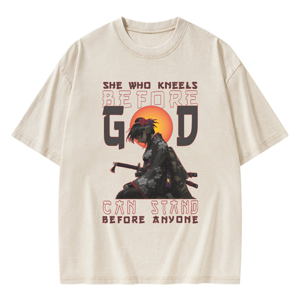 GC-WTSK0110 She Who Kneels Before God Christian Washed T-Shirt