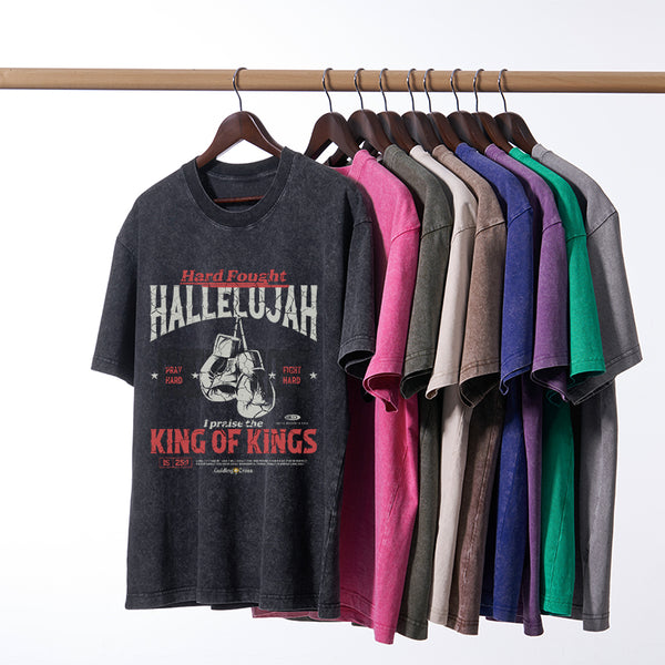 GC-WTSQMJ0066 Hard Fought Hallelujah King Of Kings Christian Washed T-Shirt