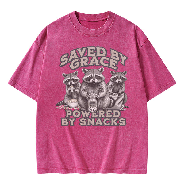 Saved By Grace Powered By Snacks Christian Washed T-Shirt