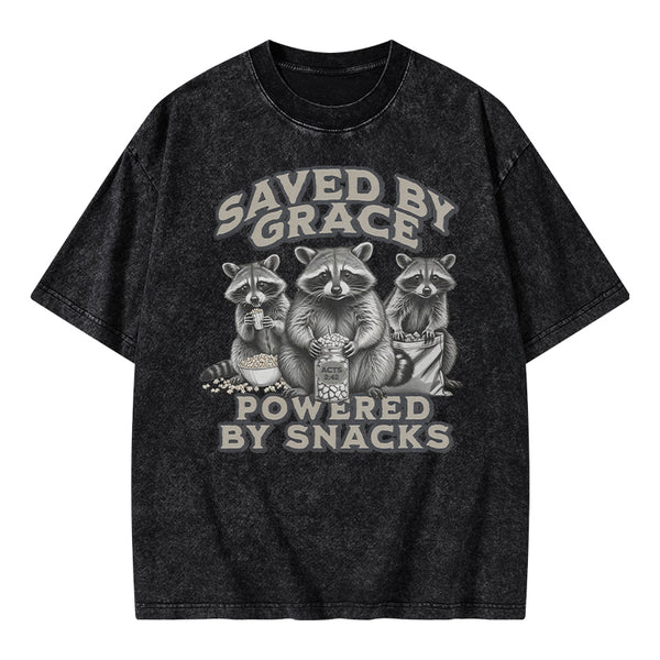 Saved By Grace Powered By Snacks Christian Washed T-Shirt