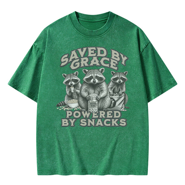 Saved By Grace Powered By Snacks Christian Washed T-Shirt
