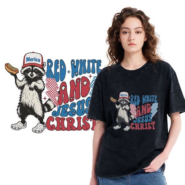 GC-WTSY094 Red White And Jesus Christ Independence Day Christian Washed T-Shirt