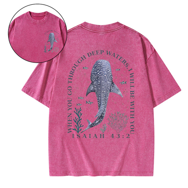 When You Go Through Deep Waters Whale Christian Washed T-Shirt
