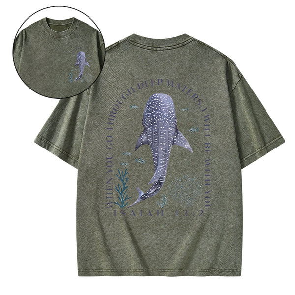 When You Go Through Deep Waters Whale Christian Washed T-Shirt