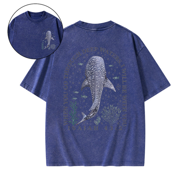 When You Go Through Deep Waters Whale Christian Washed T-Shirt