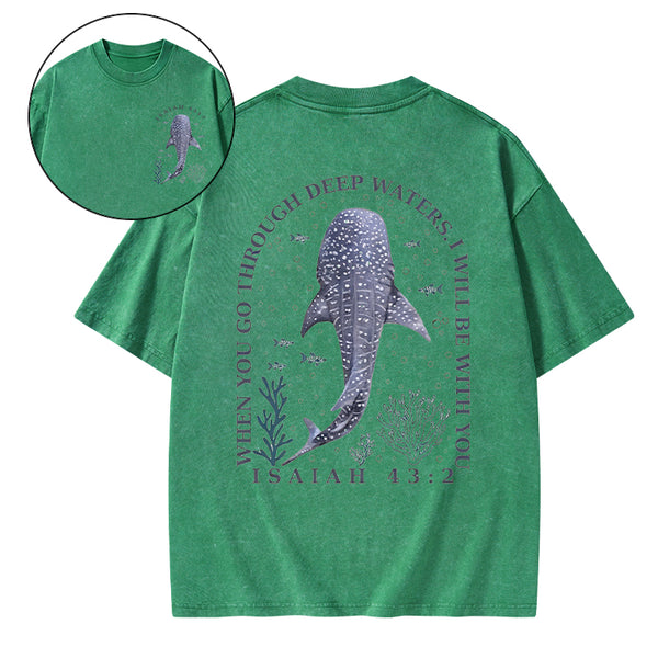 When You Go Through Deep Waters Whale Christian Washed T-Shirt