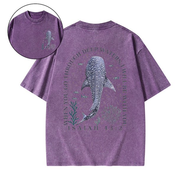 When You Go Through Deep Waters Whale Christian Washed T-Shirt