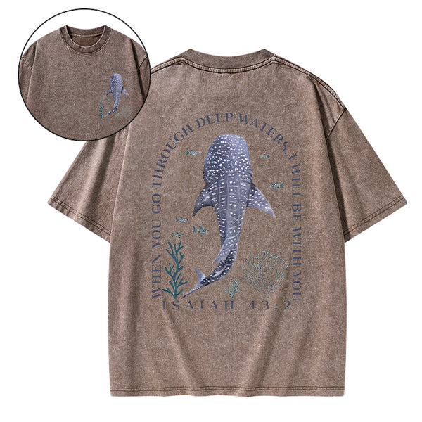 When You Go Through Deep Waters Whale Christian Washed T-Shirt