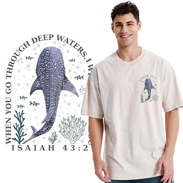 When You Go Through Deep Waters Whale Christian Washed T-Shirt
